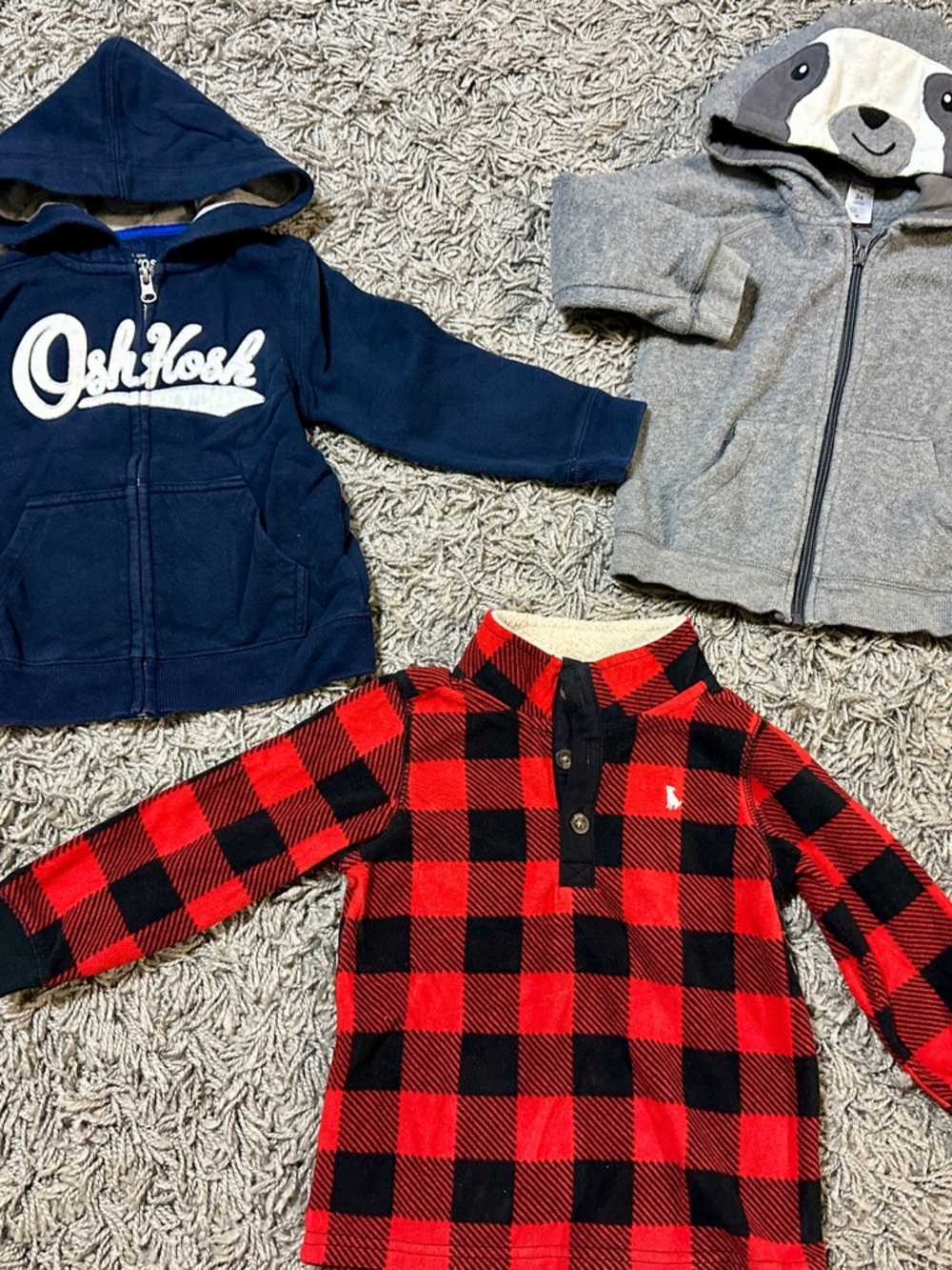 OshKosh B'gosh Navy Hoodie, Grey Carter’s Fleece, and Carters Red Plaid Pullover